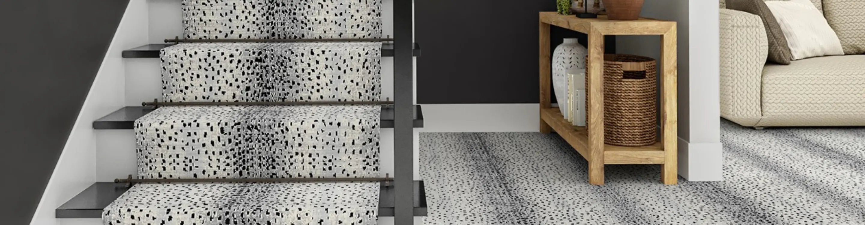 animal printed carpet and stair runner in an entryway
