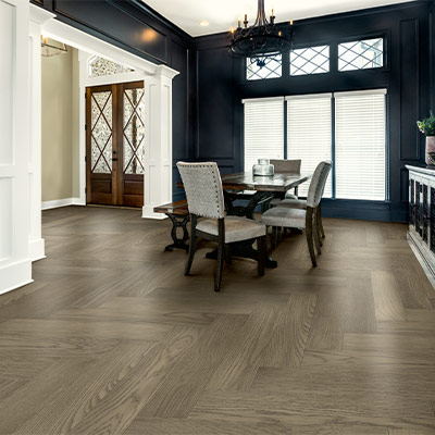 herringbone hardwood flooring in dining room